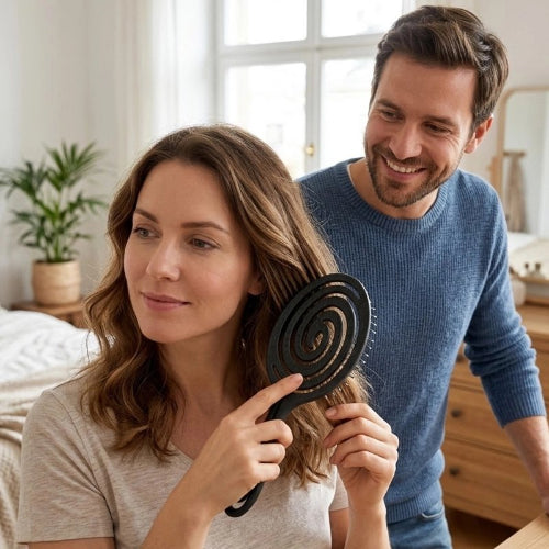 Brosse cheveux boucles noire tenue pres des cheveux d une femme avec un homme a ses cotes