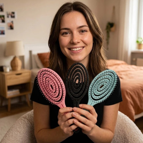 Brosse cheveux boucles rose noire et turquoise tenues en eventail par une femme souriante