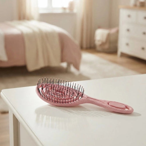 Brosse cheveux boucles rose posee sur une surface claire avec ses picots visibles