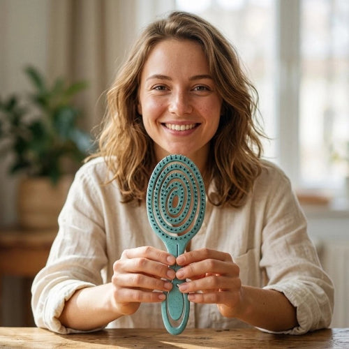 Brosse cheveux boucles turquoise presentee face a l objectif par une femme souriante assise