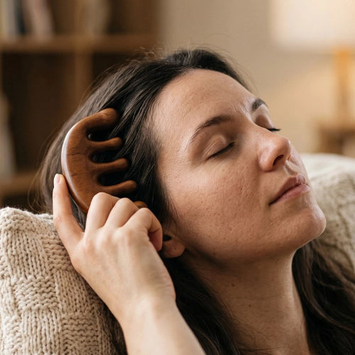 Brosse massage cuir chevelu en bois utilisee pour un moment de detente