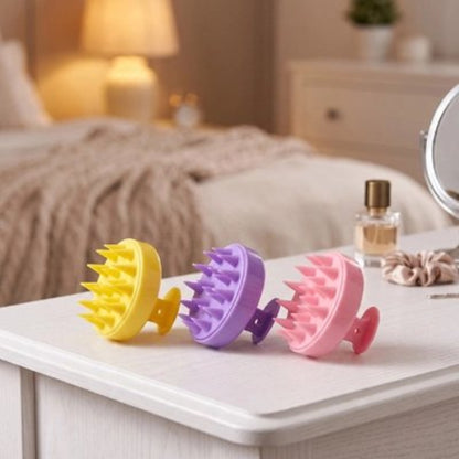 Brosse massage cuir chevelu​ en silicone jaune violette et rose