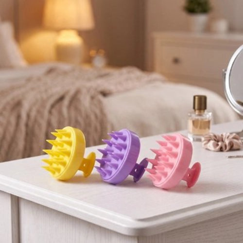 Brosse massage cuir chevelu​ en silicone jaune violette et rose