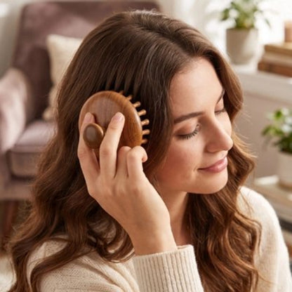 Brosse massage cuir chevelu​ femme aux cheveux ondules utilisant la brosse sur le cote de la tete