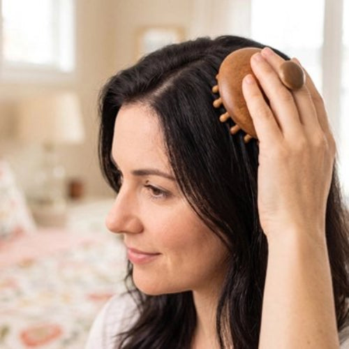 Brosse massage cuir chevelu​ femme de profil utilisant la brosse sur le haut de la tete