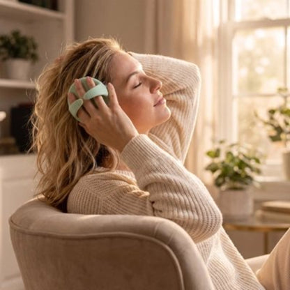 Brosse massage cuir chevelu​ verte femme assise sur un canape