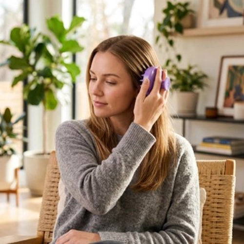 Brosse massage cuir chevelu​ violette pour un massage capillaire