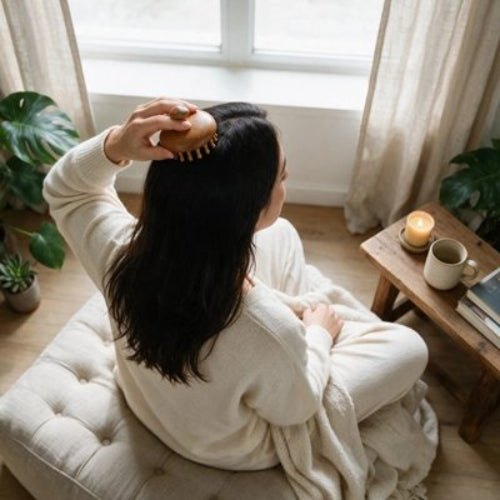 Brosse massage cuir chevelu​ vue de dos d une femme assise pres d une fenetre