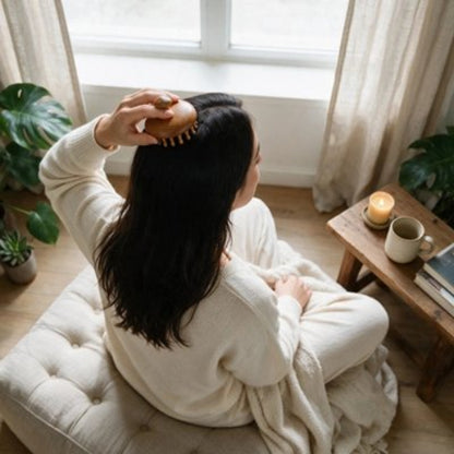 Brosse massage cuir chevelu​ vue de dos d une femme assise pres d une fenetre