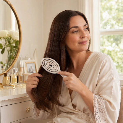 Brosse pour cheveux boucles blanche utilisee sur des cheveux longs devant une coiffeuse
