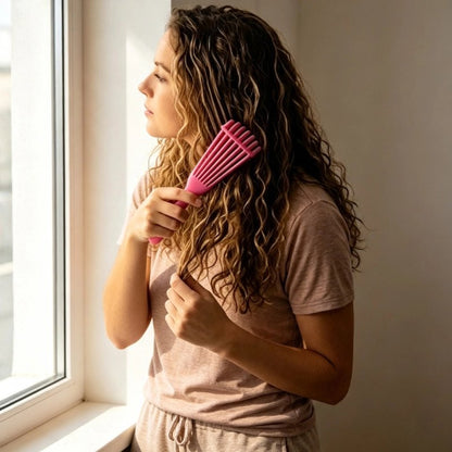 Brosse pour cheveux bouclés  rose utilisee par une femme pres de la fenetre