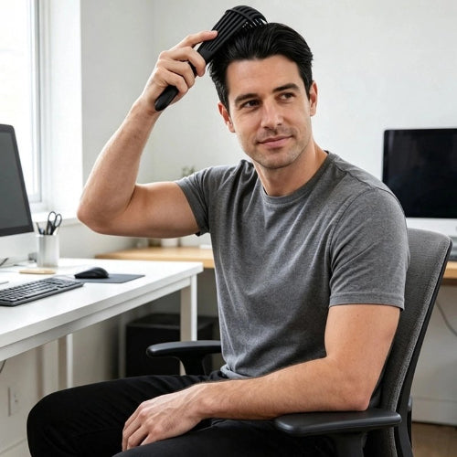 Brosse cheveux boucles noire tenue par un homme