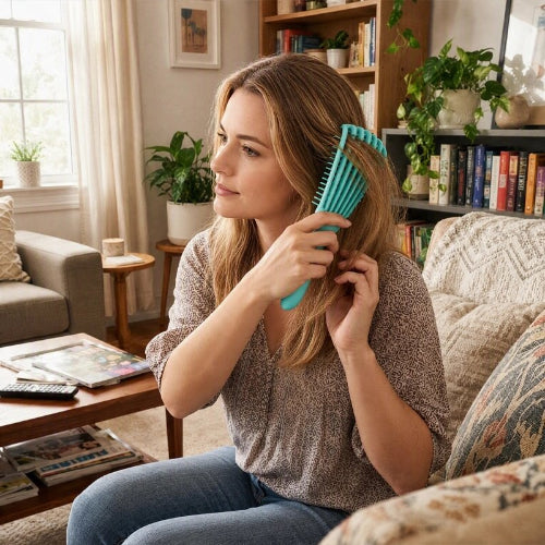 Brosse cheveux boucles turquoise utilisee sur cheveux longs