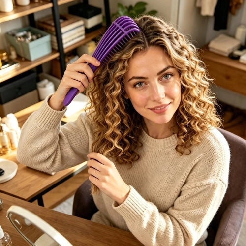 Brosse cheveux boucles violette utilisee sur cheveux boucles