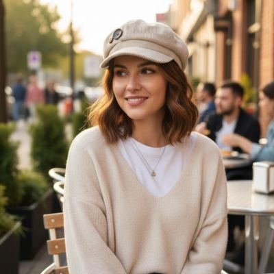 Casquette gavroche beige en velours côtelé portée par une femme souriante en terrasse de café