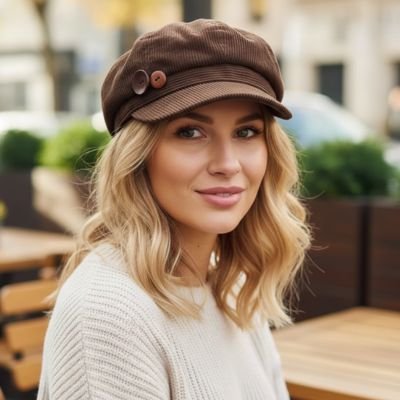Casquette gavroche marron en velours côtelé avec boutons décoratifs, style parisien élégant