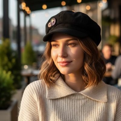 Casquette-gavroche-noire-en-velours-côtelé-avec-bouton-portée-avec-un-pull-blanc-en-terrasse