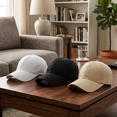 casquette-homme-trois-casquettes-table-bois-salon-lampe-livres-plante-decor