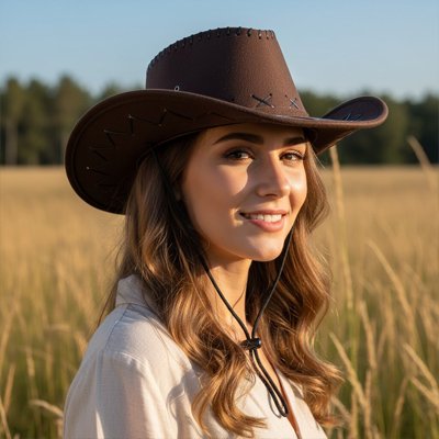 chapeau-cowboy-femme-marron-style-western-champ-herbe-lumiere-douce-fin-de-journee