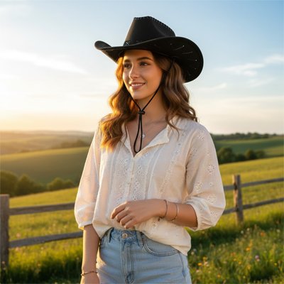 chapeau-cowboy-femme-noir-blouse-blanche-campagne-soleil-fin-de-journee-style