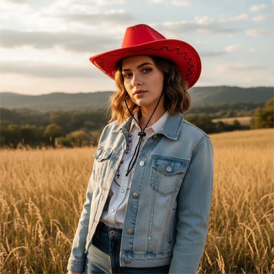 chapeau-cowboy-femme-rouge-style-western-champ-herbe-soleil-fin-de-journee-elegance