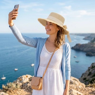 Chapeau de paille femme selfie vacances vue mer ruban beige accessoire ete