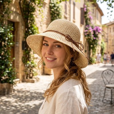chapeau-de-paille-ruban-brun-ruelle-fleurie-lumiere-style-naturel-elegant