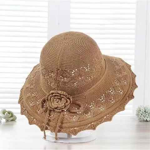 chapeau-femme-été-kaki-crochet-large-bord-fleur-decorative-style-naturel-raffine