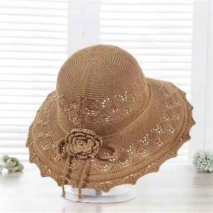 chapeau-femme-été-kaki-crochet-large-bord-fleur-decorative-style-naturel-raffine
