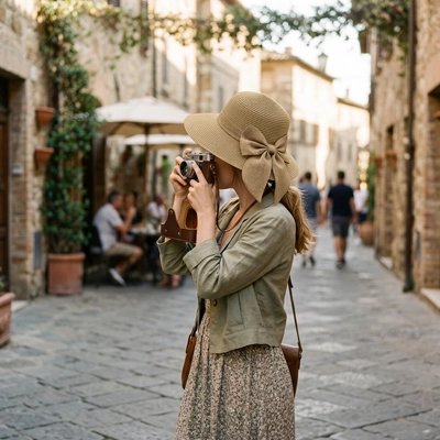 Chapeau femme kaki femme ruelle prenant des photos