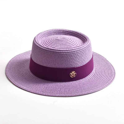 chapeau-femme-lavande-bord-plat-ruban-violet-embleme-paille-mode-elegant