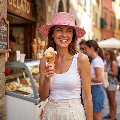 chapeau-femme-rose-large-bord-glace-voyage-italie-style-lumineux-elegant