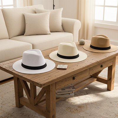 chapeau-homme-été-panama-blanc-beige-kaki-trois-coloris-table-bois