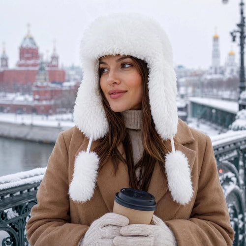 Chapka femme blanche avec pompons portee avec un manteau camel sur un pont enneige