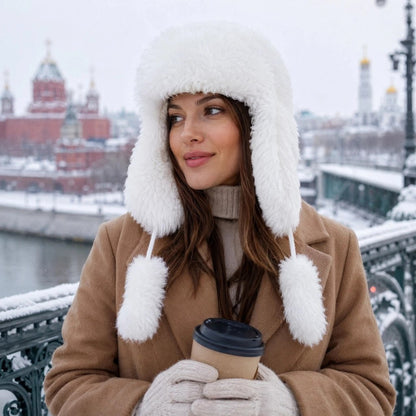 Chapka femme blanche avec pompons portee avec un manteau camel sur un pont enneige