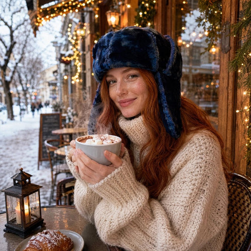 Chapka femme bleu fonce portee par une femme tenant une tasse en terrasse