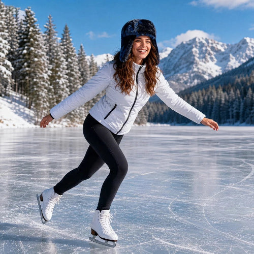 Chapka femme bleu fonce portee par une patineuse devant des montagnes enneigees