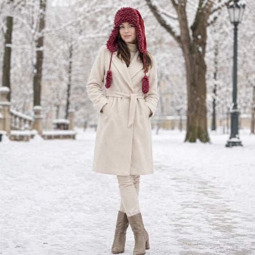 Chapka femme bordeaux avec pompons portee avec un manteau beige dans un parc enneige