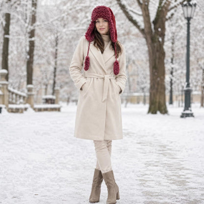 Chapka femme bordeaux avec pompons portee avec un manteau beige dans un parc enneige