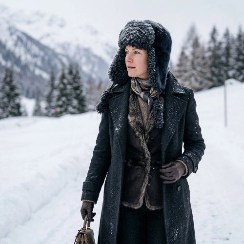 Chapka femme foncee avec rabats sur les oreilles portee en montagne sous la neige