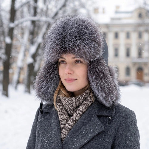 Chapka femme grise portee avec un manteau long dans un village enneige