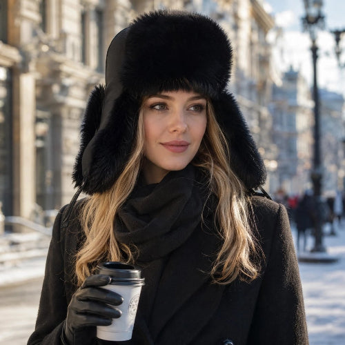 Chapka femme noire avec oreillettes portee en ville avec un manteau noir