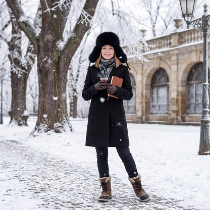 Chapka femme noire portee dans un parc enneige avec un manteau et des bottes