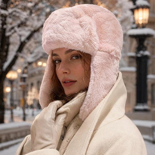 Chapka femme rose avec cache oreilles portee avec un manteau ecru dans une rue enneigee