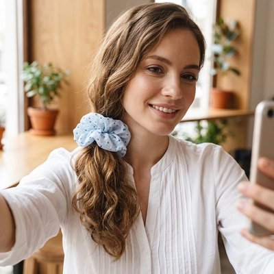 chouchou-cheveux-bleu-pois-coiffure-femme-elastique-style-selfie-mode-doux