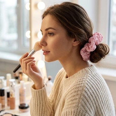 chouchou-cheveux-rose-pois-coiffure-femme-elastique-style-maquillage-mode-doux
