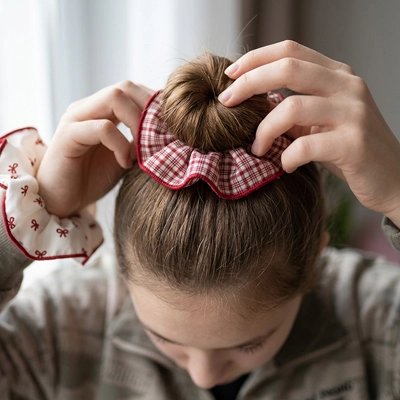 chouchou-cheveux-rouge-carreaux-pois-accessoire-coiffure-femme-elastique-mode-doux