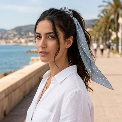 chouchou-cheveux-ruban-bleu-points-coiffure-femme-style-estival-bord-de-mer
