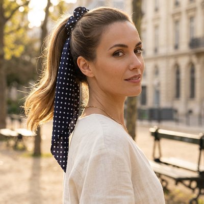 chouchou-cheveux-ruban-bleu-points-coiffure-femme-style-estival-promenade-urbaine 