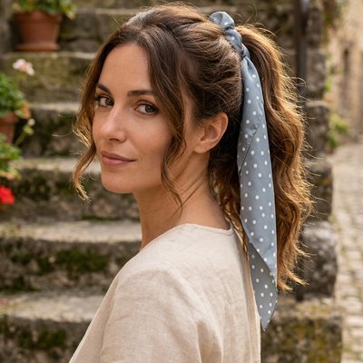 chouchou-cheveux-ruban-bleu-points-coiffure-femme-style-naturel-cour-rustique